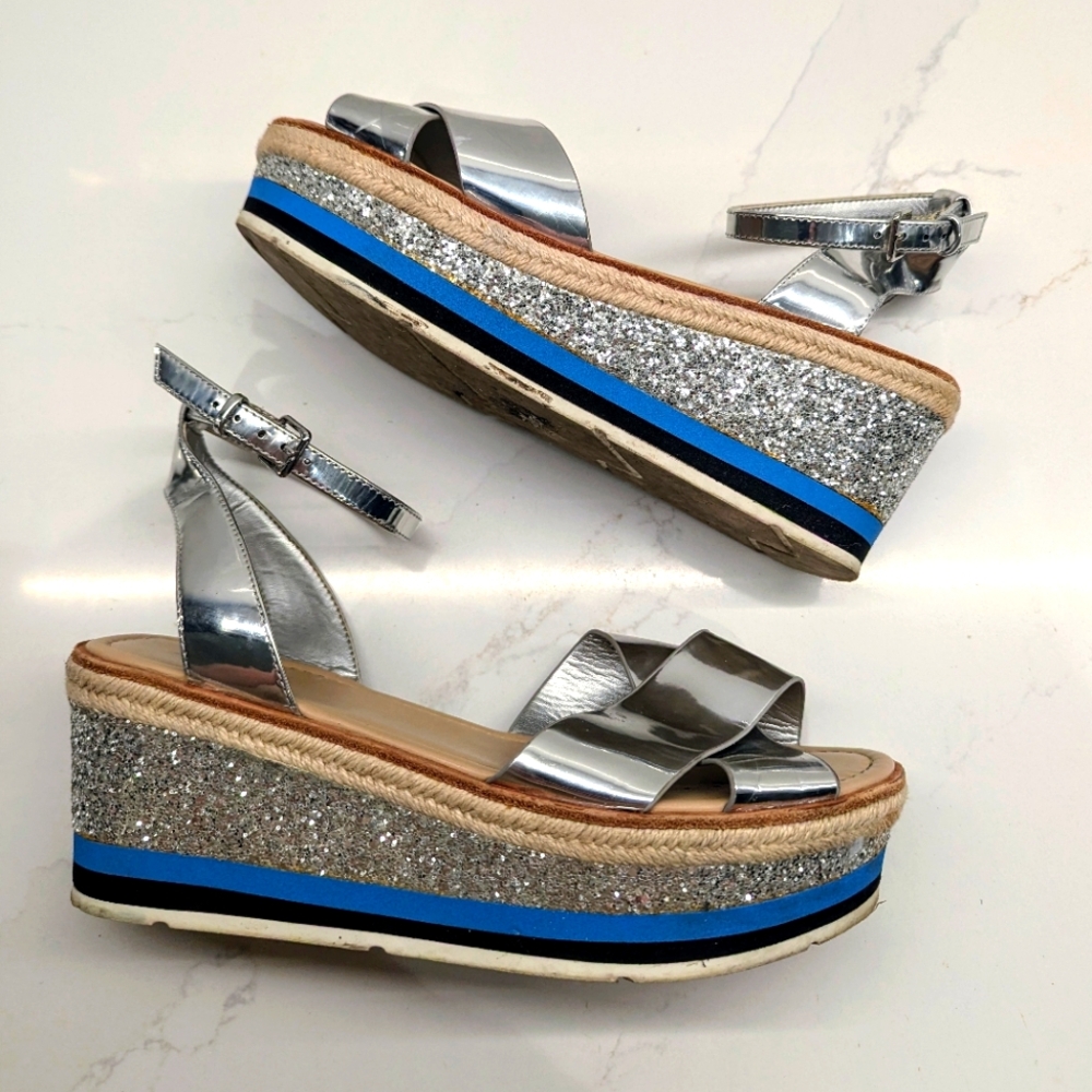 Aldo Silver Glitter Platform Espadrille Sandals Size 9 | Metallic Summer Style